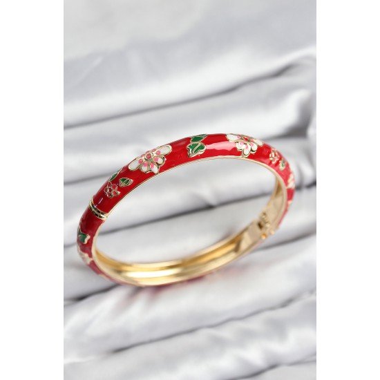 Mineli Pirinç Kırmızı Çiçek Motifli Gold Kadın Kelepçe