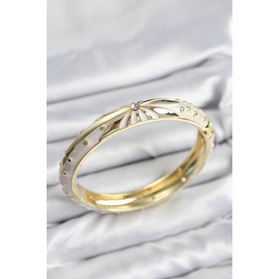 Mineli Pirinç Zirkon Taşlı Bej Desen Motifli Gold Kadın Kelepçe