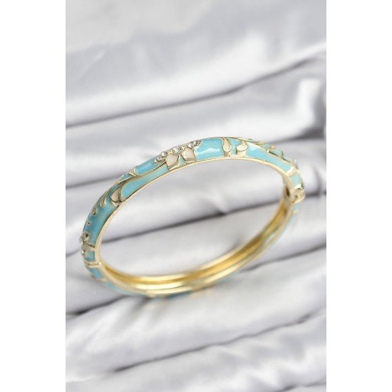 Mineli Pirinç Zirkon Taşlı Turkuaz Çiçek Motifli Gold Kadın Kelepçe