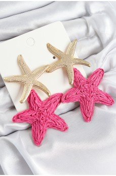 Pirinç Sallantılı Pembe Deniz Yıldızı Model Gold Renk Hasır Küpe