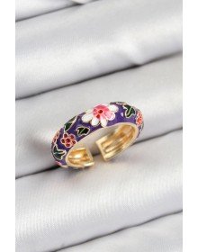 Pirinç Mor Mineli Çiçek Motifli Gold Renk Ayarlanabilir Kadın Yüzük