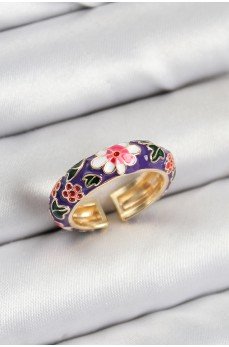 Pirinç Mor Mineli Çiçek Motifli Gold Renk Ayarlanabilir Kadın Yüzük
