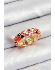 Pirinç Turuncu Mineli Çiçek Motifli Gold Renk Ayarlanabilir Kadın Yüzük