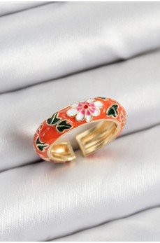 Pirinç Turuncu Mineli Çiçek Motifli Gold Renk Ayarlanabilir Kadın Yüzük