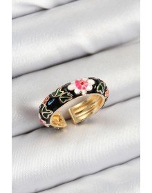 Pirinç Siyah Mineli Çiçek Motifli Gold Renk Ayarlanabilir Kadın Yüzük