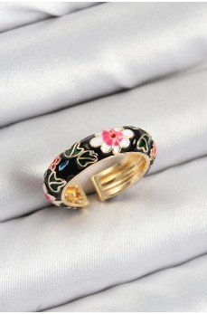 Pirinç Siyah Mineli Çiçek Motifli Gold Renk Ayarlanabilir Kadın Yüzük