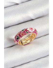 Pirinç Fuşya Mineli Çiçek Motifli Gold Renk Ayarlanabilir Kadın Yüzük