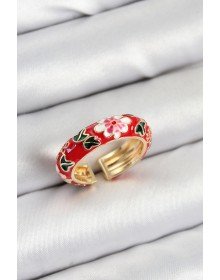 Pirinç Kırmızı Mineli Çiçek Motifli Gold Renk Ayarlanabilir Kadın Yüzük