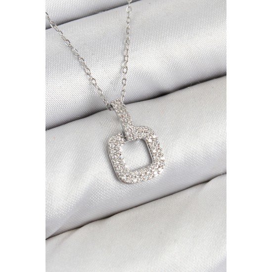 Pirinç Zirkon Taşlı Kare Model Gümüş Renk Kadın Kolye