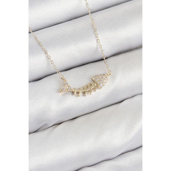 Pirinç Zirkon Taşlı Balık Kılçığı Model Gold Renk Kadın Kolye