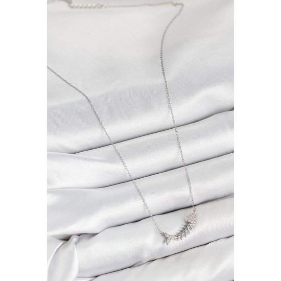 Pirinç Zirkon Taşlı Balık Kılçığı Model Gümüş Renk Kadın Kolye