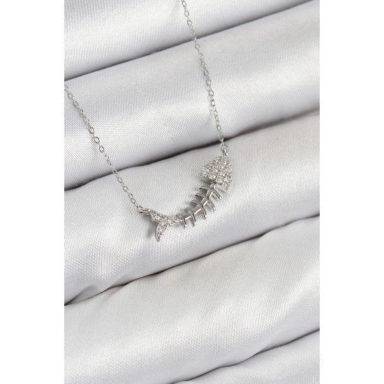 Pirinç Zirkon Taşlı Balık Kılçığı Model Gümüş Renk Kadın Kolye