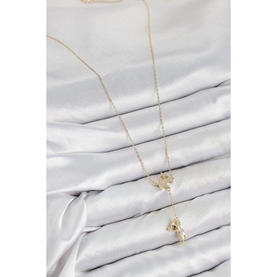 Pirinç Zirkon Taşlı Sallantılı Ayıcıklı Yıldız Model Gold Renk Kadın Kolye