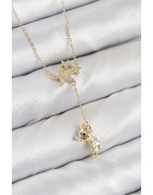 Pirinç Zirkon Taşlı Sallantılı Ayıcıklı Yıldız Model Gold Renk Kadın Kolye