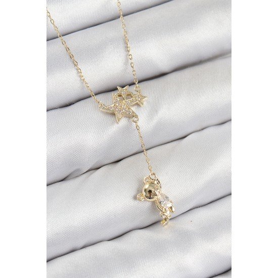 Pirinç Zirkon Taşlı Sallantılı Ayıcıklı Yıldız Model Gold Renk Kadın Kolye
