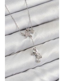 Pirinç Zirkon Taşlı Sallantılı Ayıcıklı Yıldız Model Gümüş Renk Kadın Kolye
