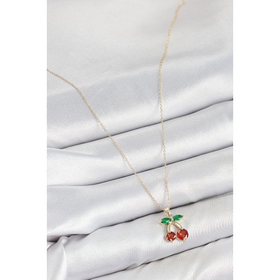 Pirinç Zirkon Taşlı Kiraz Model Gold Renk Kadın Kolye