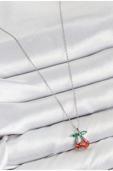 Pirinç Zirkon Taşlı Kiraz Model Gümüş Renk Kadın Kolye