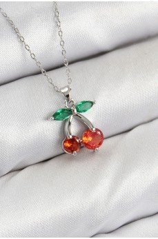 Pirinç Zirkon Taşlı Kiraz Model Gümüş Renk Kadın Kolye
