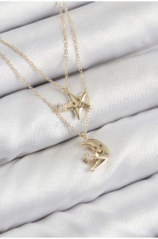 Pirinç Zirkon Taşlı Yıldız Ve Ay Model Gold Renk Kadın Kolye