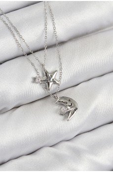 Pirinç Zirkon Taşlı Yıldız Ve Ay Model Gümüş Renk Kadın Kolye