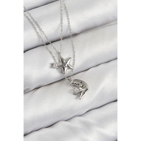 Pirinç Zirkon Taşlı Yıldız Ve Ay Model Gümüş Renk Kadın Kolye