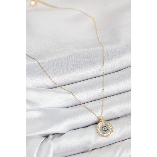 Pirinç Zirkon Taşlı Su Yolu Nazar Model Gold Renk Kadın Kolye