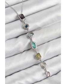 Pirinç Renkli Zirkon Taşlı Model Gümüş Renk 7 Element Kadın Y Kolye