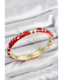 Mineli Pirinç Zirkon Taşlı Kırmızı Çiçek Motifli Gold Kadın Kelepçe