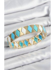 Pirinç Baklava Desenli Mavi Beyaz Gold Renk Lastikli Kadın Bileklik