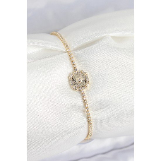 Pirinç Zirkon Taşlı Kare Model Gold Renk Kadın Bilekilk