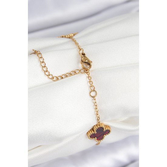 316L Çelik Sedefli Kırmızı Gold Renk Yonca Kadın Bileklik 316L Çelik Sedefli Kırmızı Gold Renk Yonca Kadın Bileklik