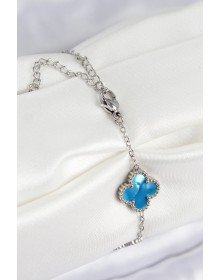 316L Çelik Sedefli Gökyüzü Mavisi Gümüş Renk Yonca Kadın Bileklik