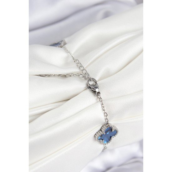 316L Çelik Sedefli Lacivert Gümüş Renk Yonca Kadın Bileklik