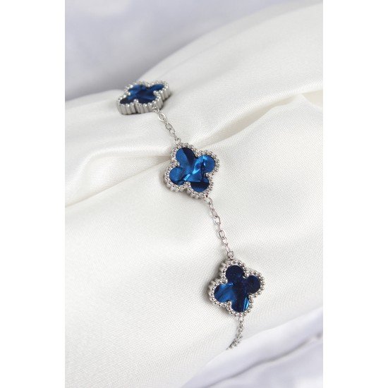 316L Çelik Sedefli Lacivert Gümüş Renk Yonca Kadın Bileklik