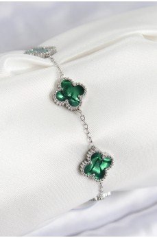 316L Çelik Sedefli Zümrüt Yeşil Gümüş Renk Yonca Kadın Bileklik