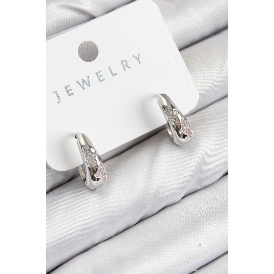 Pirinç Zirkon Taş Desenli Model Gümüş Renk Kadın Küpe