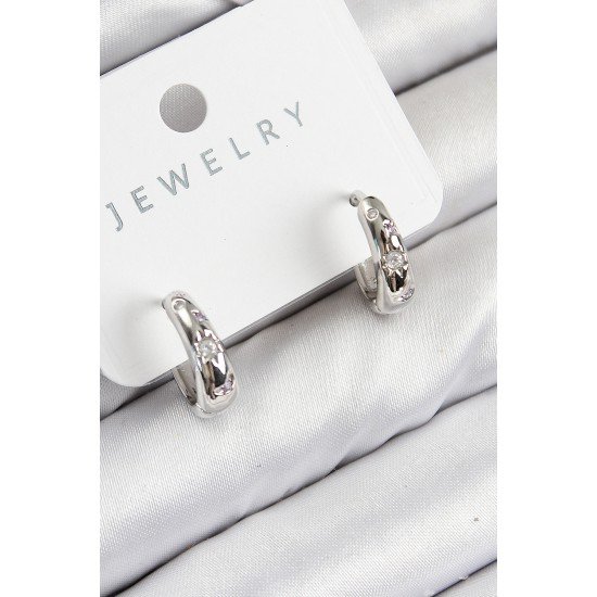 Pirinç Zirkon Taşlı Halka Model Gümüş Renk Kadın Küpe