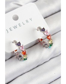 Pirinç Zirkon Taşlı Kalp Model Gümüş Renk Kadın Küpe