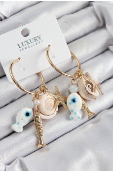 Pirinç Sallantılı Seramik Balık Ve Deniz Kabuğu Model Gold Renk Kadın Küpe