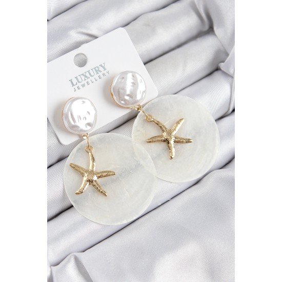 Pirinç İncili Deniz Kabuğu Figürlü Sedef Model Gold Renk Kadın Küpe