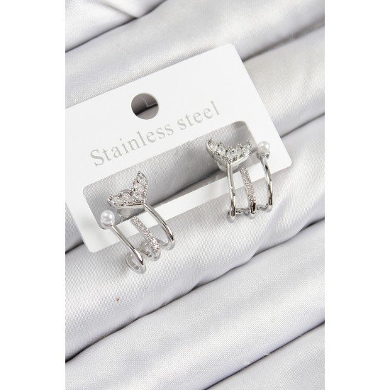 Pirinç Zirkon Taşlı İnci Detaylı Balık Kuyruğu Model Gümüş Renk Kadın Küpe