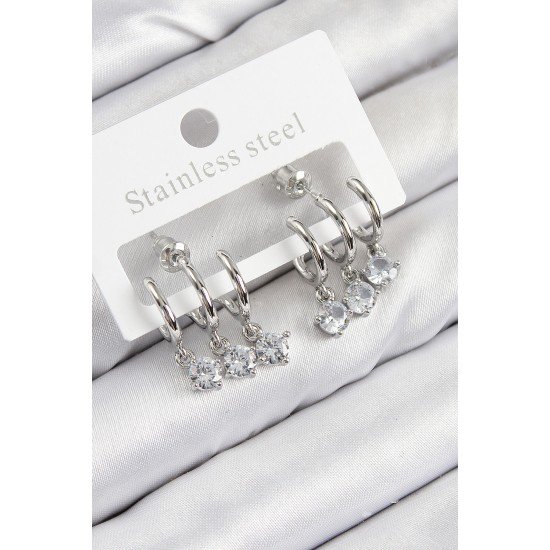 Pirinç Sallantılı Zirkon Taşlı Model Gümüş Renk Kadın Küpe