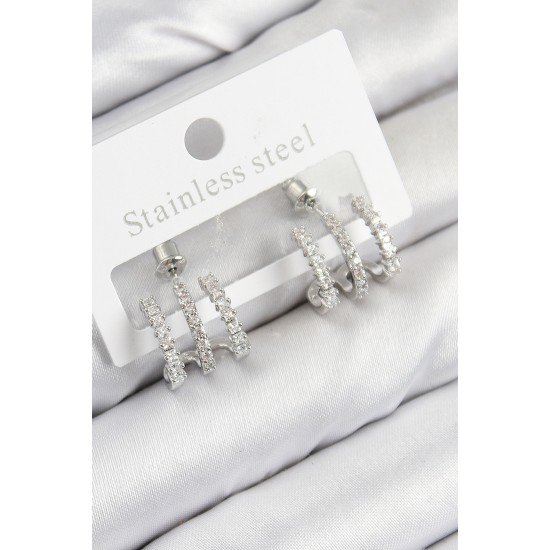 Pirinç Zirkon Taşlı Model Gümüş Renk Kadın Küpe