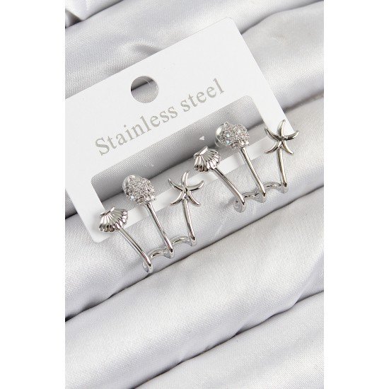 Pirinç Zirkon Taşlı Deniz Yıldızı ve İstiridye Model Gümüş Renk Kadın Küpe