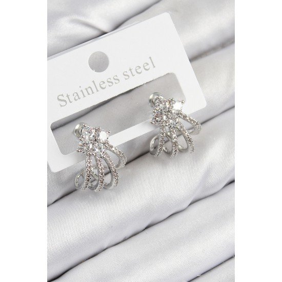 Pirinç Zirkon Taşlı Model Gümüş Renk Kadın Küpe