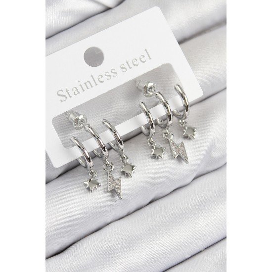 Pirinç Zirkon Taşlı Şimşek Model Gümüş Renk Kadın Küpe