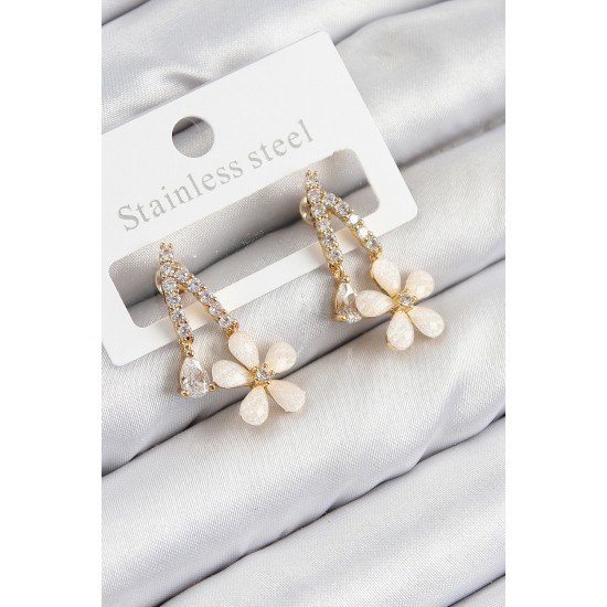 Pirinç Zirkon Taşlı Papatya Model Gold Renk Kadın Küpe