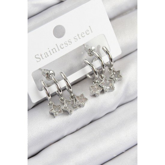 Pirinç Zirkon Taşlı Sallantılı Yıldız Model Gümüş Renk Kadın Küpe