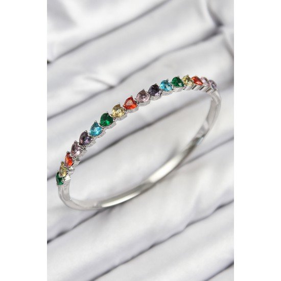 Pirinç Renkli Zirkon Taşlı Kalp Model Gümüş Renk Kadın Kelepçe